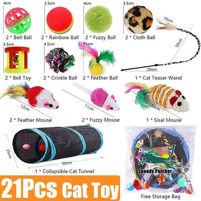 Speedy Panther 21 Stücke Katzenspielzeug Set Katzentunnel Interaktives Katzen Spielzeug für Kätzchen Federspielzeug Katzenbälle Spielzeugmäuse