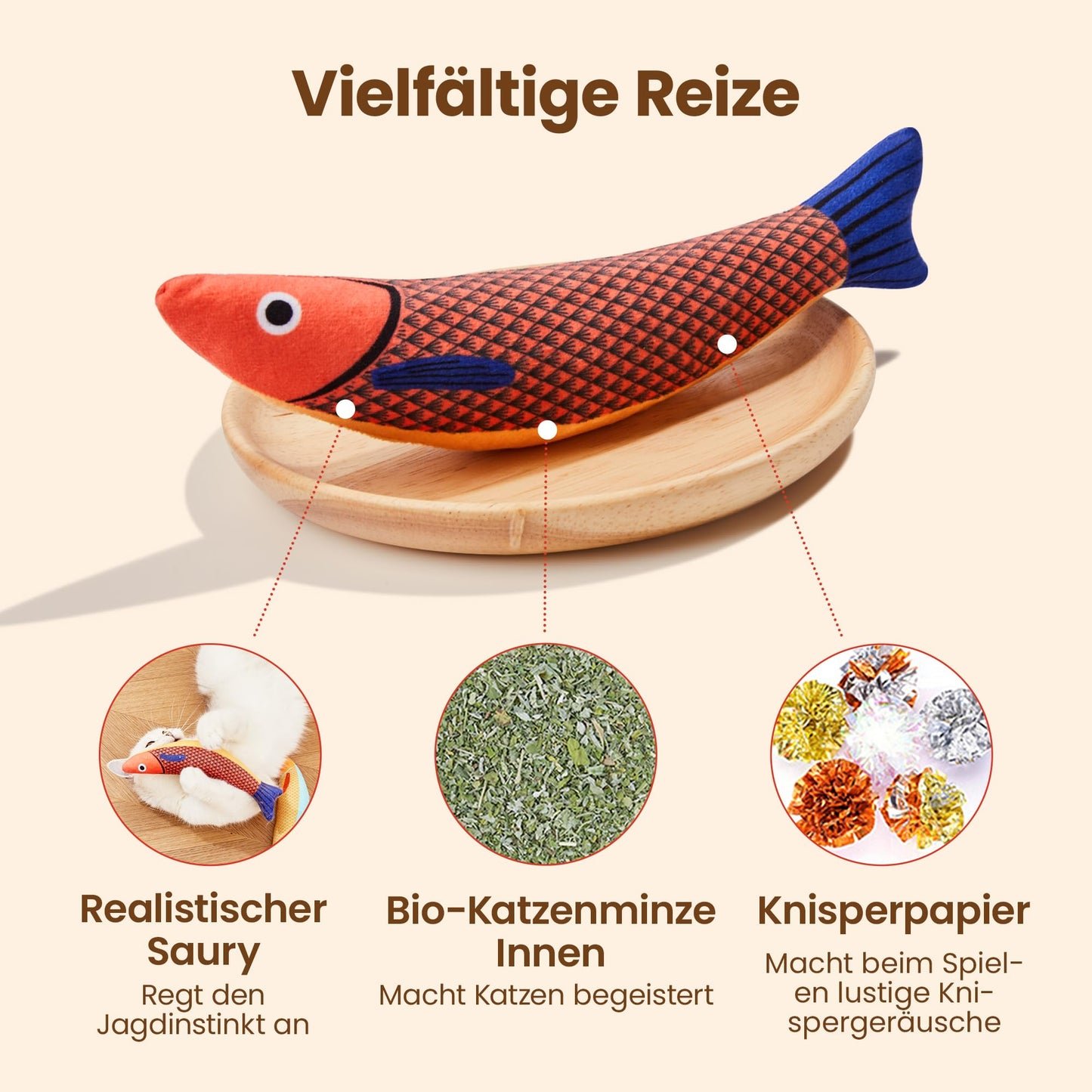 Potaroma Katzenspielzeug Set, 3er Fisch Kicker mit Katzenminze & Knistergeräusch, Weiches Interaktives Spielzeug für Katzen, Selbstbeschäftigung & Intelligenztraining für Alle Rassen