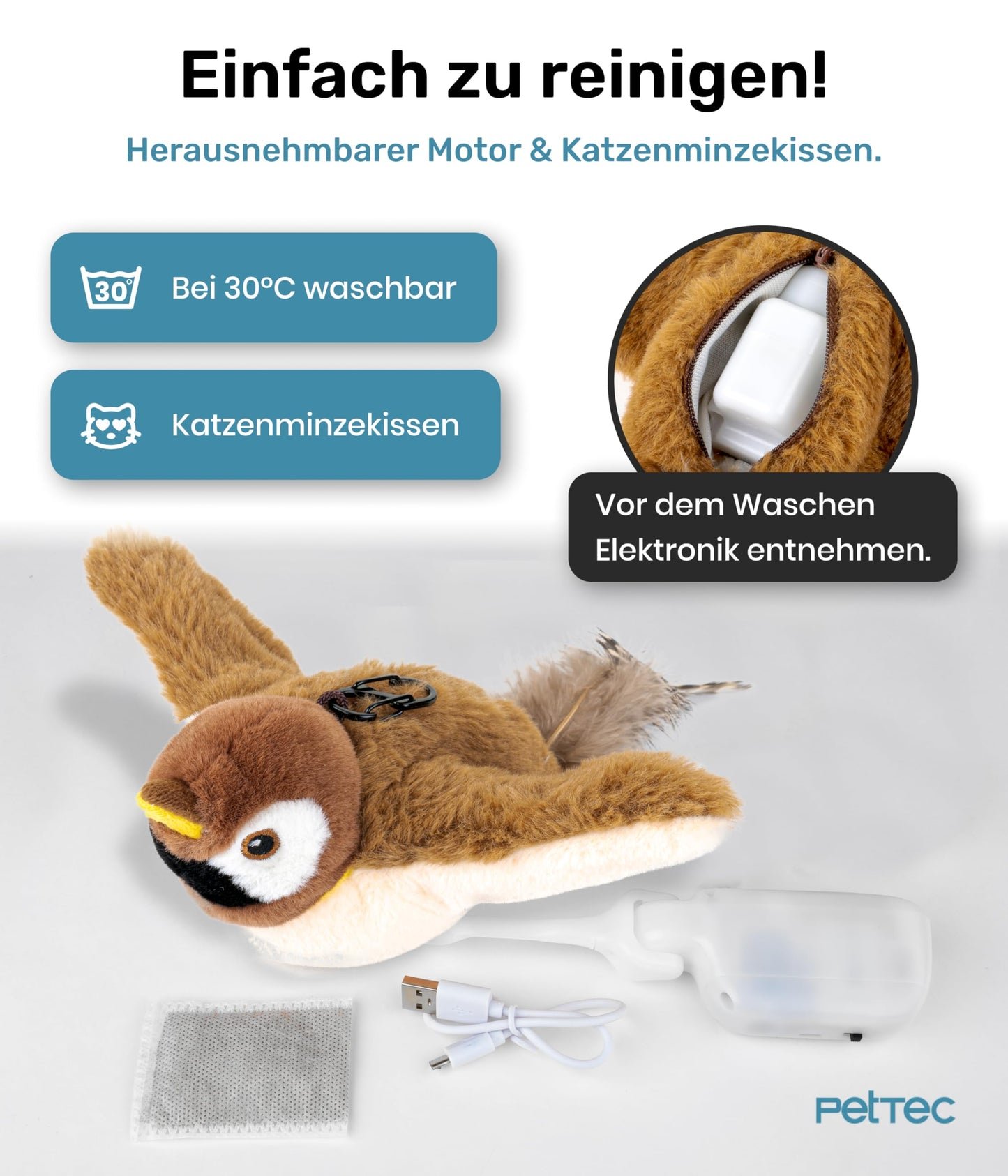PetTec® Interaktives Katzenspielzeug Elektrisch [DAS ORIGINAL] Selbstbeschäftigung - Katzenspielzeug Vogel beweglich mit Katzenminze Interactive Cat Toy Automatische Katzen Spielsachen